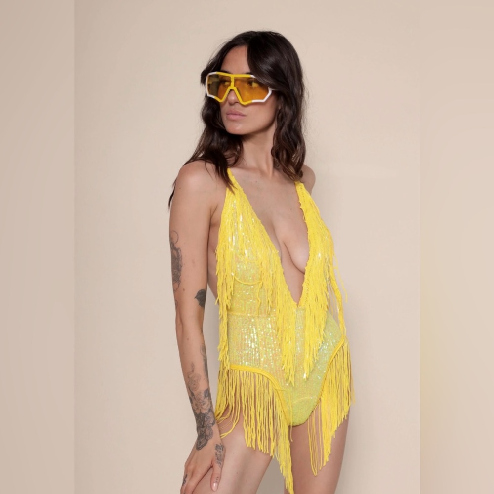 East west label yellow festival bodysuit size medium